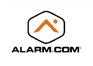 Official Alarm.com logo featuring an orange house icon inside a black hexagon with the brand name below.