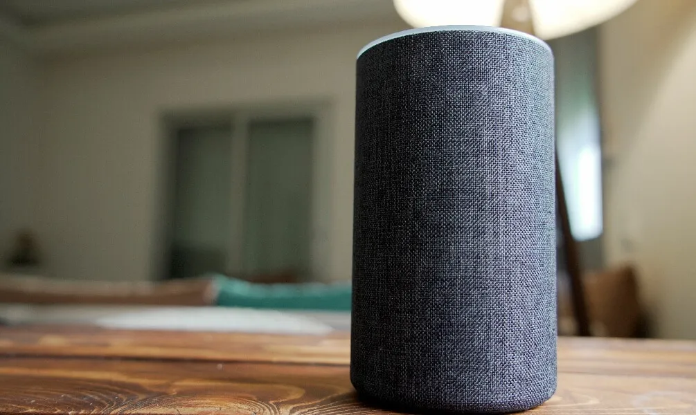 A close-up of an Amazon Alexa or similar smart speaker device covered in black fabric, sitting on a wooden table.