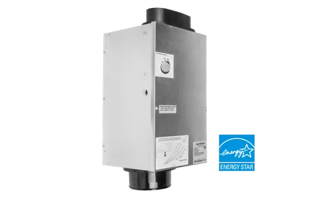 AprilAire Model 8144NC fresh air ventilator with fan speed control and an Energy Star certified logo.
