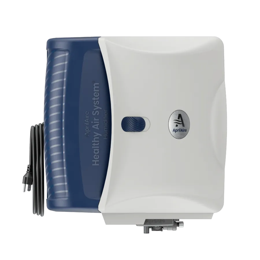 Top-down studio shot of the AprilAire Healthy Air System Humidifier, featuring a blue left side and a white front cover.
