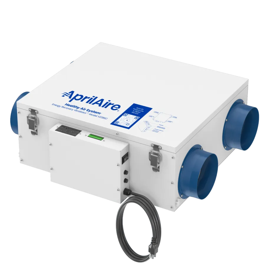 White AprilAire V22BEC energy recovery ventilator unit with four blue duct ports and a power cord on a gray background.