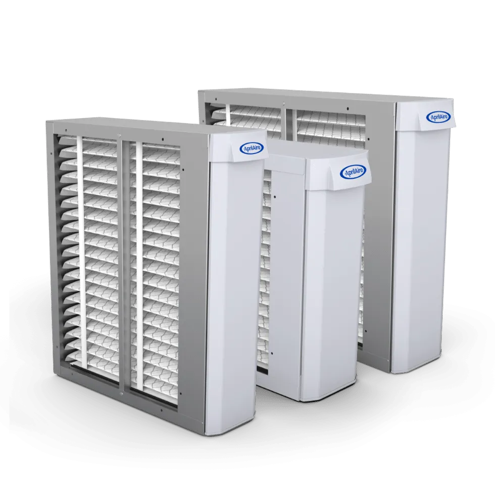 Three various-sized AprilAire whole-home air purifiers featuring high-performance filters and professional metal housings