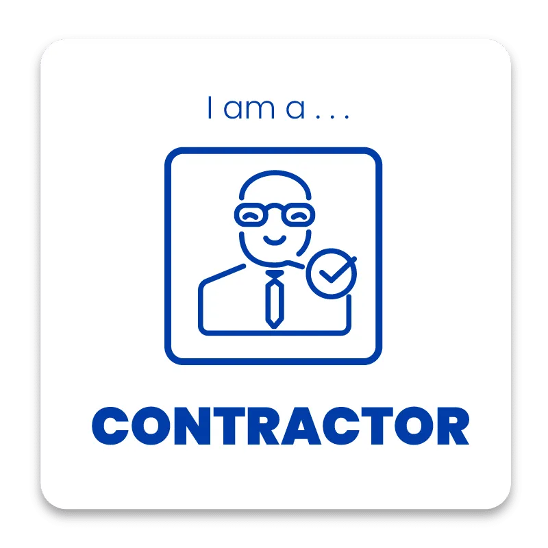 Blue line art icon of a professional with a checkmark and the text "I am a CONTRACTOR" on a white square card.