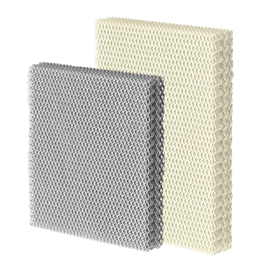 Two rectangular mesh humidifier water panels, one silver and one cream-colored, shown against a white background