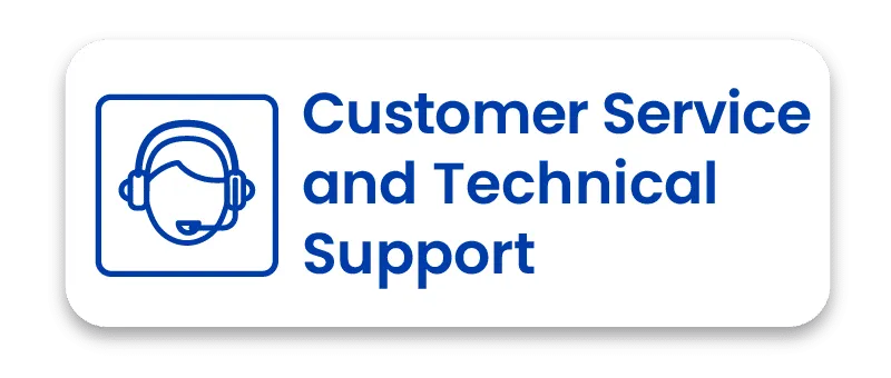 Blue text for Customer Service and Technical Support with a headset icon on a white rounded button.
