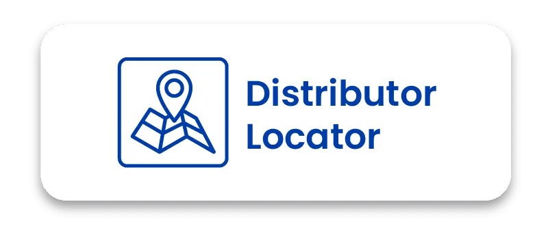 Blue text reading Distributor Locator next to a map pin icon, styled as a white button with rounded corners.