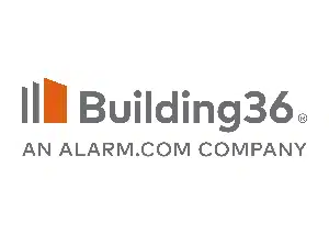Alarm.com logo featuring an orange house icon inside a black hexagon with the brand name below.