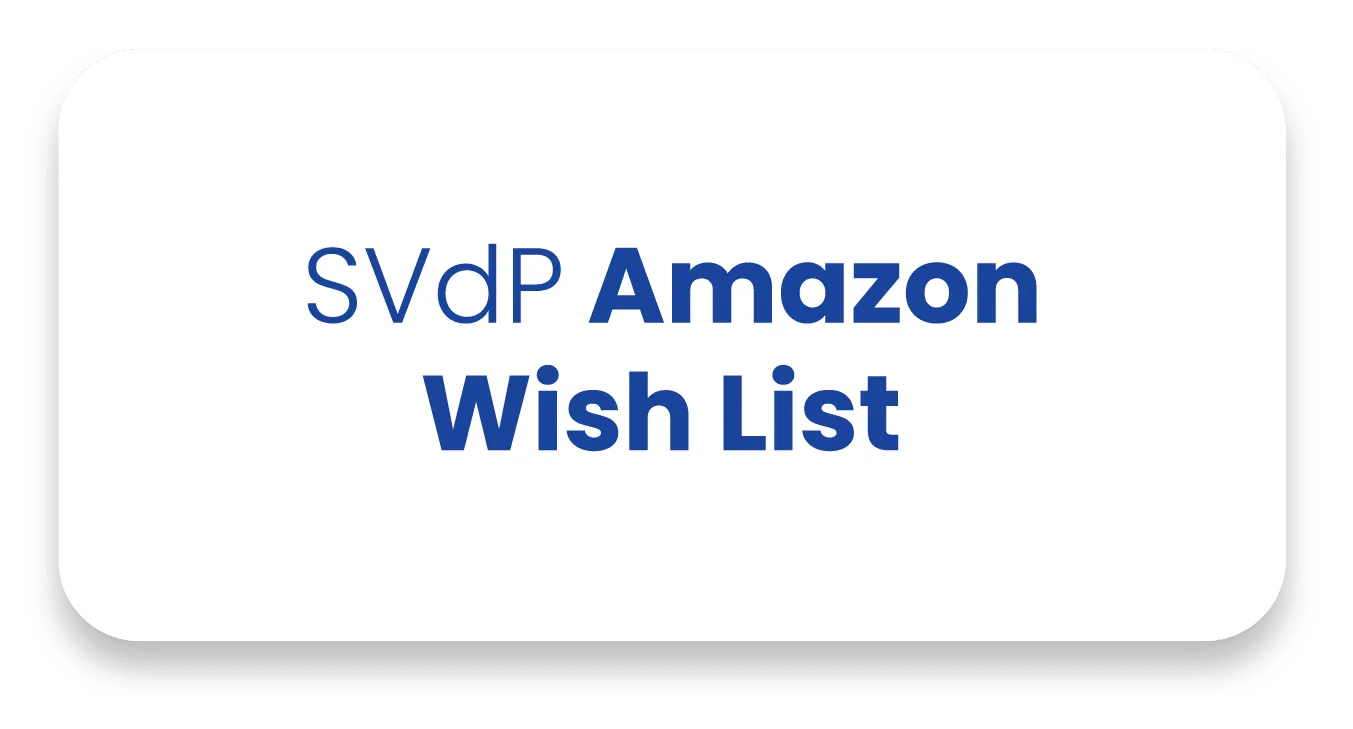 White rectangular banner with rounded corners featuring the blue text "SVdP Amazon Wish List".
