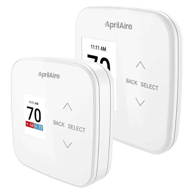 Two sleek white AprilAire thermostats featuring digital displays showing 70 degrees with touch-sensitive navigation buttons.