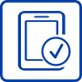 Blue line icon of a smartphone with a check mark inside a circle, indicating a verified or successful app action.