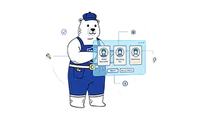 Polar bear mascot interacting with a digital interface to choose HVAC, plumbing, or electrical specialists.