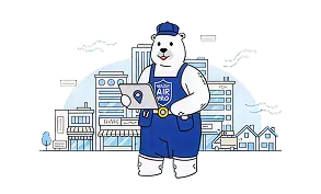 A friendly polar bear technician in blue overalls holding a tablet, standing in front of a blue and white city skyline.
