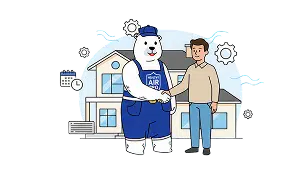 A polar bear technician shaking hands with a homeowner in front of a house, representing trusted home maintenance.
