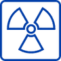 Blue outline of a trefoil radiation symbol inside a rounded square, representing radon gas or radioactive hazards.